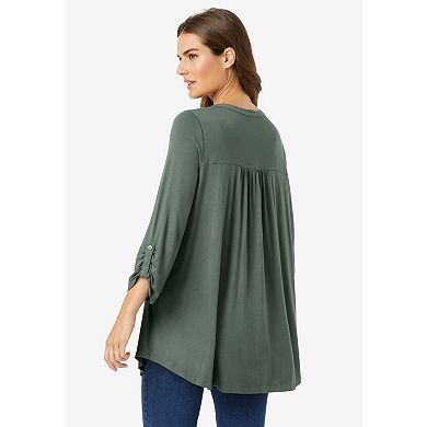 Woman Within Women's Plus Size Pleated Henley Top