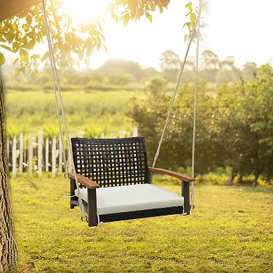 Single Rattan Porch Swing With Armrests Cushion And Hanging Ropes-White
