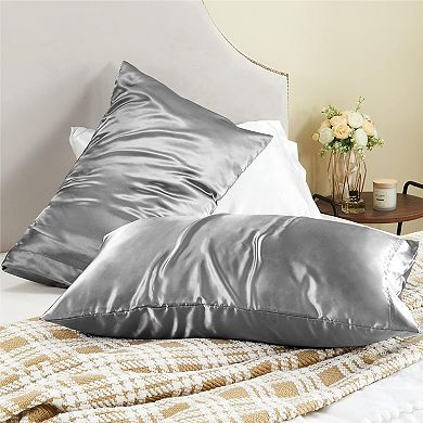 2-Piece Silver Microfiber Satin Silk King Pillowcases