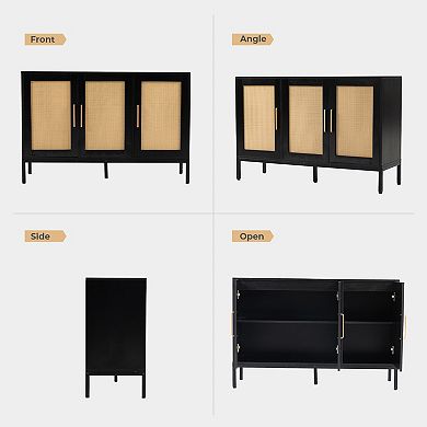 Rattan Storage Cabinet With 3 Doors, Modern Accent Cabinet