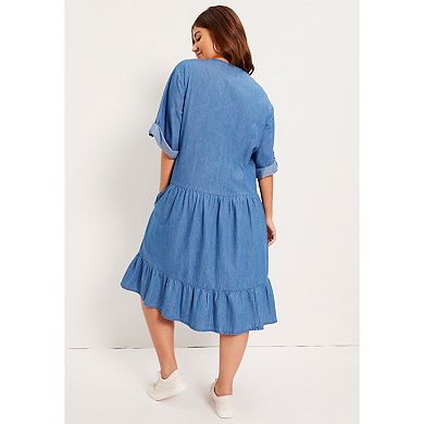 June + Vie Women's Plus Size Ruffled Denim Talluhla Dress