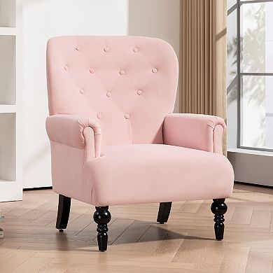 High-back Accent Chair, Wingchair, For Bedroom With Wooden Legs