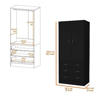 Prescott Armoire, With 2 Doors, 3 Drawers And 1 Hanging Rod