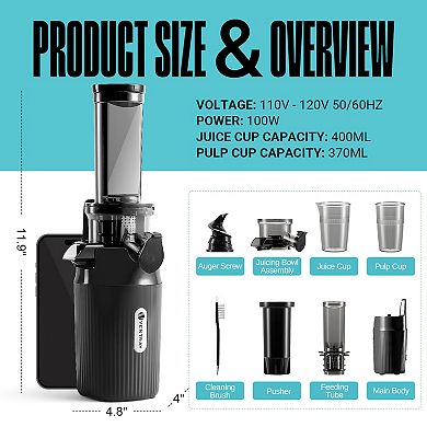 Ventray Essential Ginnie Juicer Compact Small Cold Press Juicer, Masticating Slow Juicer