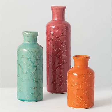 Sullivan's Floral Relief Tall Pastel Vases Table Decor 3 pc Set