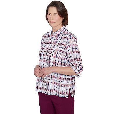 Petite Alfred Dunner Plaid Cuffed Sleeve Button Down Top