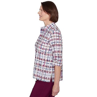 Petite Alfred Dunner Plaid Cuffed Sleeve Button Down Top