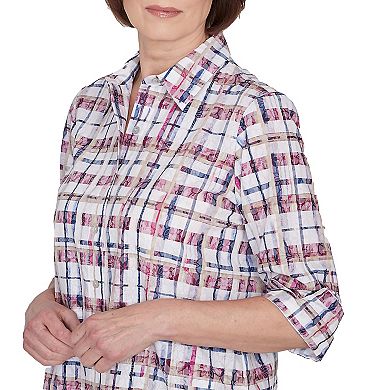 Petite Alfred Dunner Plaid Cuffed Sleeve Button Down Top