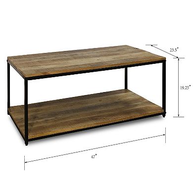 Logan Rectangular Coffee Table with Lower Shelf and Black Iron Frame