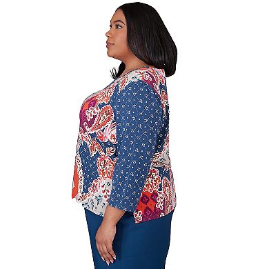 Plus Size Alfred Dunner Paisley Patchwork Knotted Crewneck Top