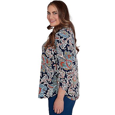 Plus Size Alfred Dunner Scroll Three Quarter Ruched Sleeves