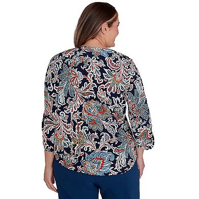 Plus Size Alfred Dunner Scroll Three Quarter Ruched Sleeves