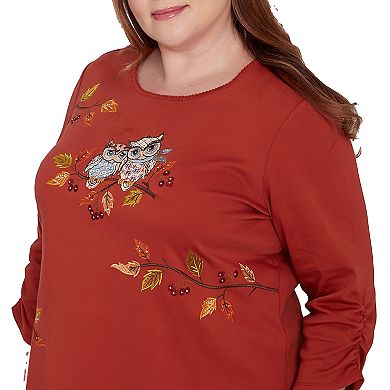 Plus Size Alfred Dunner Nuzzling Owls Ruched Sleeves Top