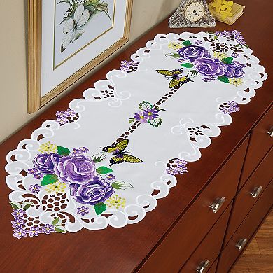 Collections Etc Embroidered Bella Lavender Roses & Butterflies Dresser Scarf Rectangle