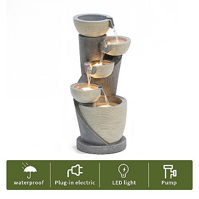 LuxenHome Gray Cascading Bowls And Column Resin Outdoor Fountain With Led Lights