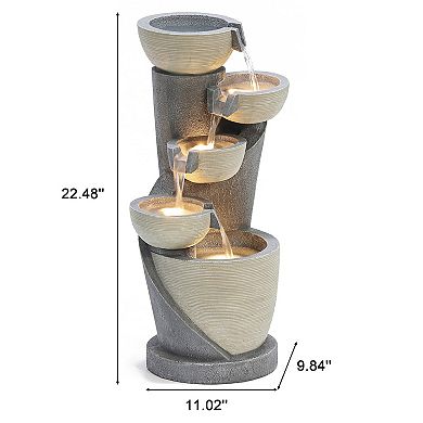 LuxenHome Gray Cascading Bowls And Column Resin Outdoor Fountain With Led Lights