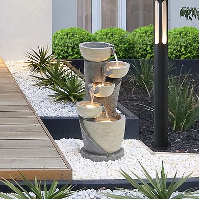 LuxenHome Gray Cascading Bowls And Column Resin Outdoor Fountain With Led Lights