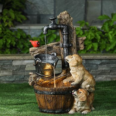 LuxenHome Resin Puppies And Water Pump Outdoor Patio Fountain With Led Light