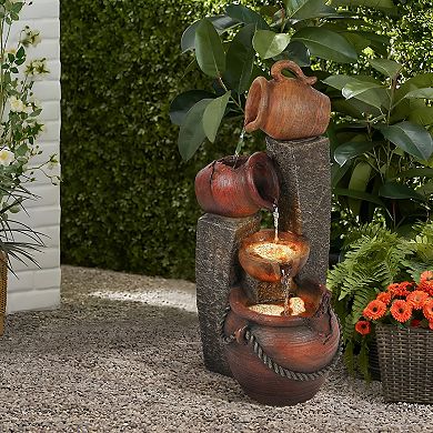 LuxenHome Rustic Resin Pots And Posts Outdoor Fountain