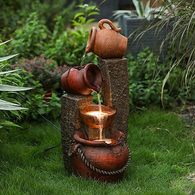 LuxenHome Rustic Resin Pots And Posts Outdoor Fountain