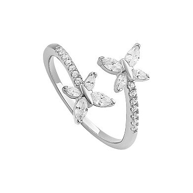 PRIMROSE Sterling Silver Cubic Zirconia Double Butterfly Bypass Ring