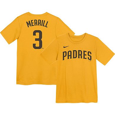 Preschool Nike Jackson Merrill Gold San Diego Padres Player Name & Number T-Shirt