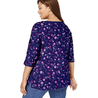 Woman Within Women's Plus Size Perfect Printed Elbow-sleeve Boatneck Tee