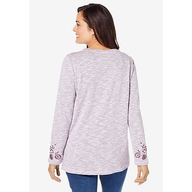 Woman Within Women's Plus Size Floral Embroidered Sweatshirt Tee