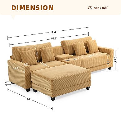 Corduroy Upholstered Oversize Sectional Sofa With 1 Ottoman And 4 Pillows