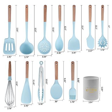 12 Pcs Wooden Handle Silicone Cooking Utensils Kitchen Utensil Set For Nonstick Cookware With Holder