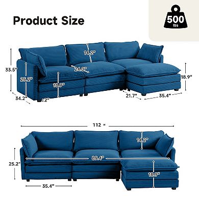 Corduroy Living Room Sectional Sofa -3 Seats With 1 Ottoman