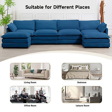 Corduroy Living Room Sectional Sofa -4 Seats With 2 Ottomans