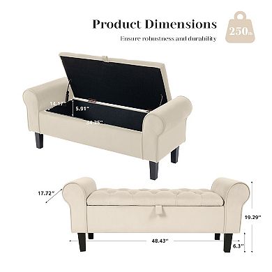 Velvet Bedroom Bench With Rubber Wood Legs, Home Fabric Storage Ottoman