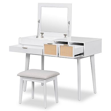 Classic White Wood Vanity Set with Flip-top Mirror, Stool, 3 Drawers, and Storage - 43.3"