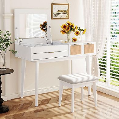 Classic White Wood Vanity Set with Flip-top Mirror, Stool, 3 Drawers, and Storage - 43.3"