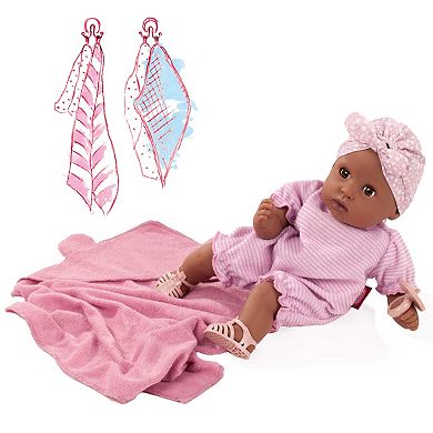 Gotz Cosy Aquini 13" Soft Cloth Bath Baby Doll with Dark Skin, Brown Sleeping Eyes and Towel