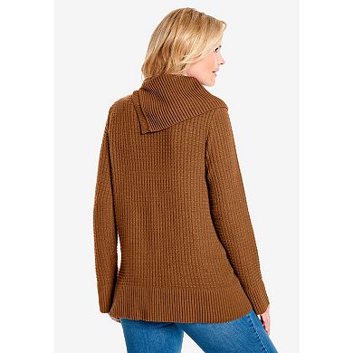 Woman Within Women's Plus Size Button-neck Waffle Knit Sweater