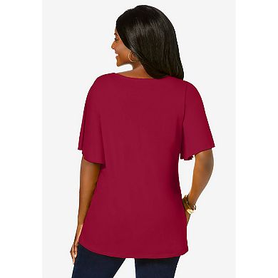 Jessica London Women's Plus Size Stretch Knit Flutter Sleeve Tunic