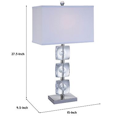 28 Inch Table Lamp, Crystal Stand, White Rectangular Shade, Metal, Clear