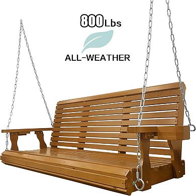 Wooden Porch Swing 3-seater, Bench Swing With Cupholders, Hanging Chains And 7mm Springs