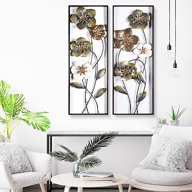 LuxenHome Set Of 2 Metal Green, White, And Gold Wild Flowers Wall Decor