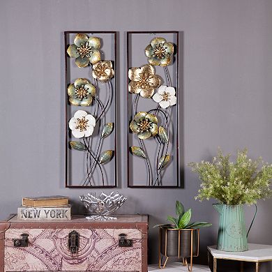 LuxenHome Set Of 2 Metal Green, White, And Gold Wild Flowers Wall Decor