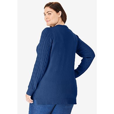 Woman Within Women's Plus Size Cable Knit Pullover Crewneck Sweater