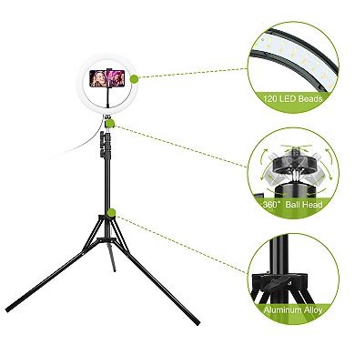 10in Led Selfie Ring Light - Dimmable, 120 Leds, With Adjustable Tripod And Phone Holder