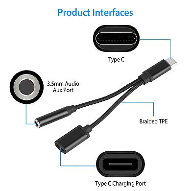 Usb Type C To 3.5mm Aux Audio Charging Adapter Braided Tpe Metal Shell Headphone Jack Splitter Cable