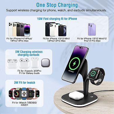 4-in-1 Magnetic Wireless Charger - 15w Fast Charge, Nightlight, For Iphone/iwatch/airpods