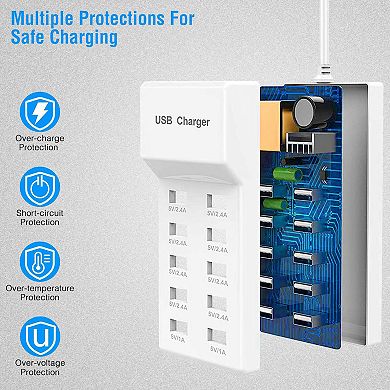 10 Ports Usb Charging Station Hub - 50w - Fast Charging Power Adapter For Phone, Tablet