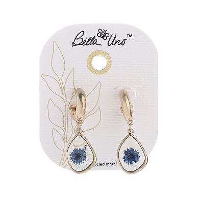 Bella Uno Worn Gold Blue Pressed Flower Charm Hoop Earrings