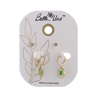 Bella Uno Worn Gold Cubic Zirconia Stud & Green Pressed Flower Charm Hoop Earring 2-piece Set