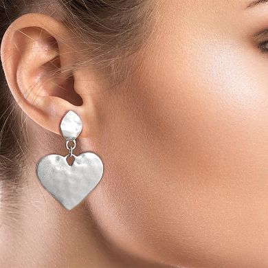 Bella Uno Worn Silver Hammered Heart Dangle Post Earrings